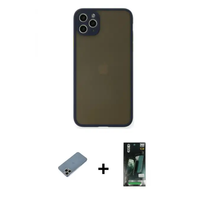 ieg™ iPhone 11 Pro Max Kılıf Ahenk Çizgi Serisi - Siyah 360 Mat Full Body Arka Koruyucu + Shine Kamera Lens Koruma Cam - GI