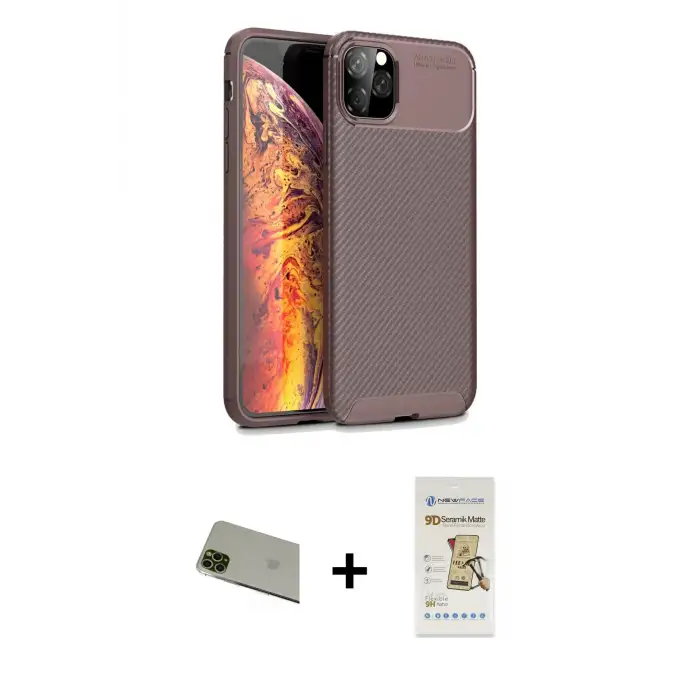 ieg™ iPhone 11 Pro Max Kılıf Eksen Form Prime - Siyah Mat Seramik Nano Ekran Koruyucu + Rainbow Kamera Lens Koruma Cam - YL