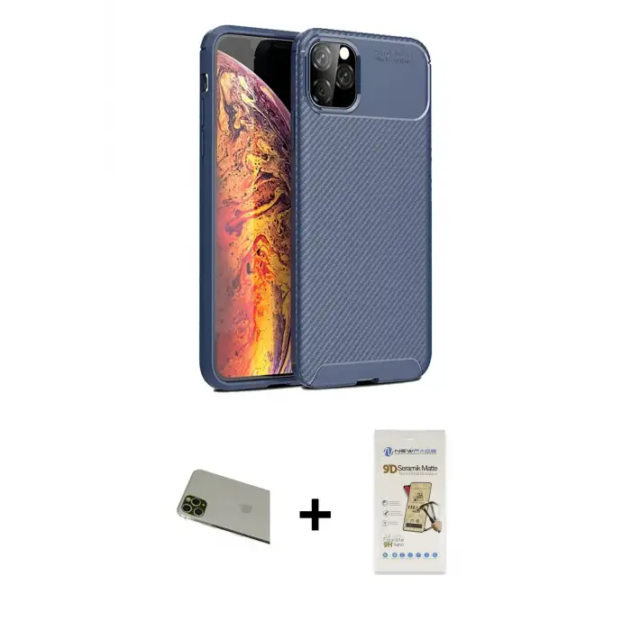 ieg™ iPhone 11 Pro Max Kılıf Eksen Form Prime - Siyah Mat Seramik Nano Ekran Koruyucu + Rainbow Kamera Lens Koruma Cam - YL