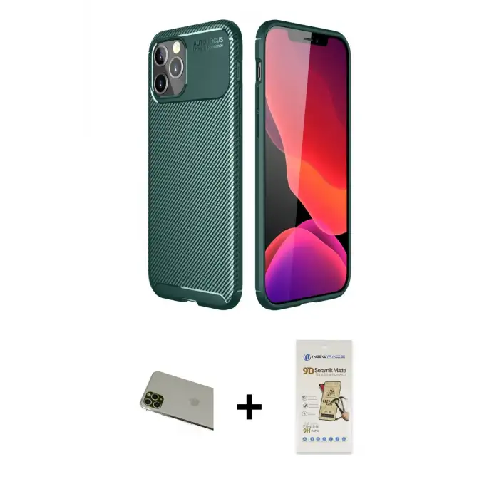 ieg™ iPhone 11 Pro Max Kılıf Eksen Form Prime - Siyah Mat Seramik Nano Ekran Koruyucu + Rainbow Kamera Lens Koruma Cam - YL