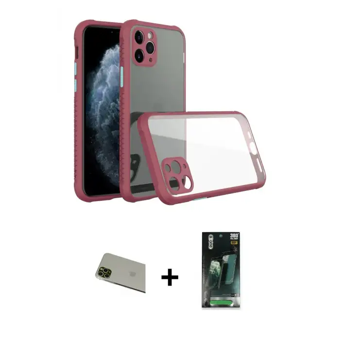 ieg™ iPhone 11 Pro Max Kılıf Nova Asil Özel Seri - Şeffaf 360 Full Body Arka Koruyucu + Rainbow Kamera Lens Koruma Cam - YL