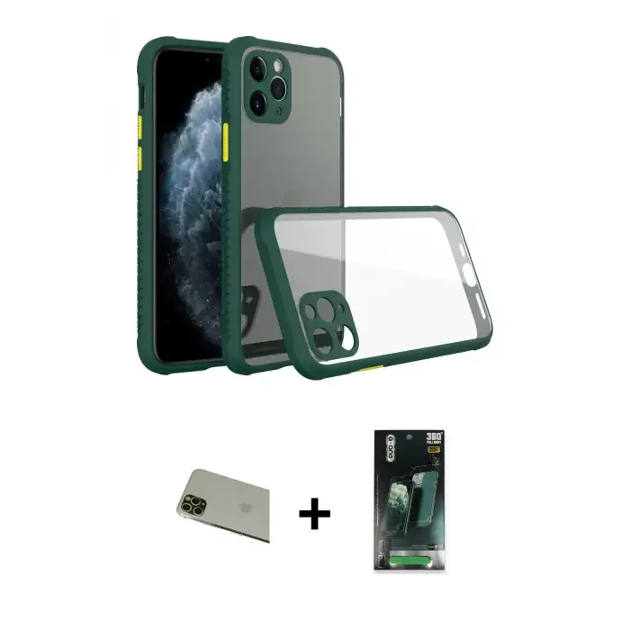 ieg™ iPhone 11 Pro Max Kılıf Nova Asil Özel Seri - Şeffaf 360 Full Body Arka Koruyucu + Rainbow Kamera Lens Koruma Cam - YL