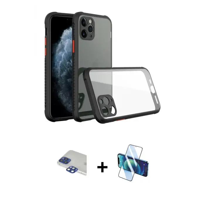 ieg™ iPhone 11 Pro Max Kılıf Nova Asil Özel Seri - Siyah 3D Antistatik Cam Ekran Koruyucu + Pers Alüminyum Kamera Lens - LT