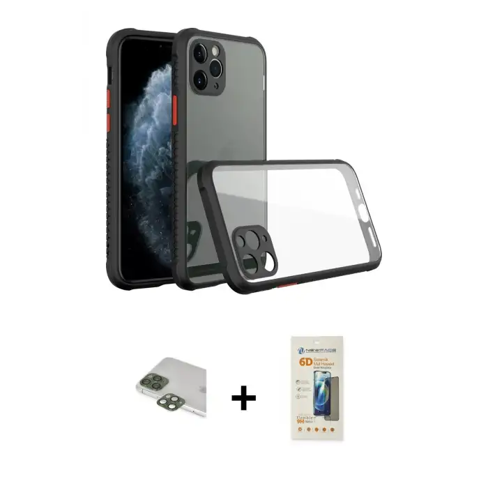 ieg™ iPhone 11 Pro Max Kılıf Nova Asil Özel Seri - Siyah 6D Mat Seramik Hayalet Nano Ekran Koruyucu + Pers Alüminyum Kamera Lens - YL
