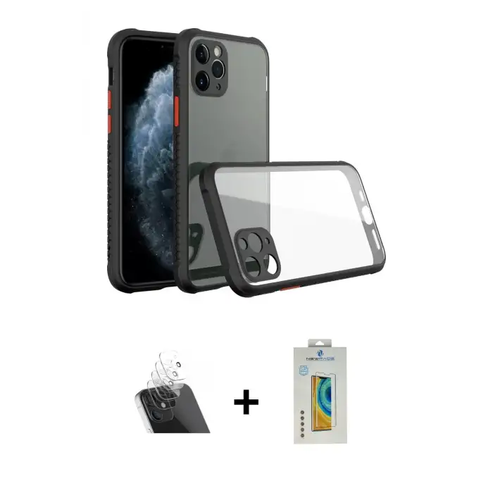 ieg™ iPhone 11 Pro Max Kılıf Nova Asil Özel Seri - Siyah Polymer Nano Ekran Koruyucu + Kamera Lens Koruma Cam - SF