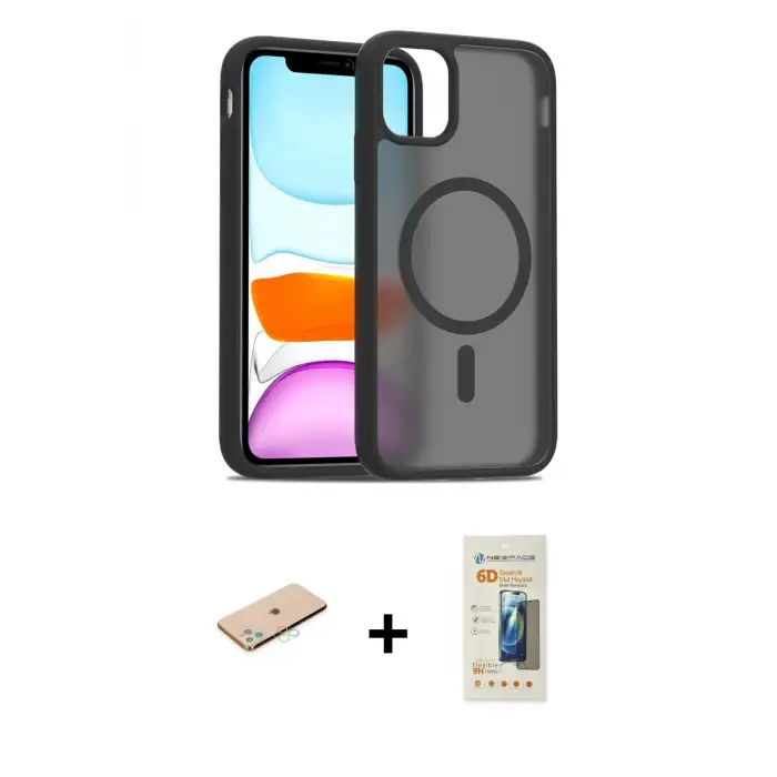 ieg™ iPhone 11 Pro Max Kılıf Siluet Minimal Prime - Siyah 6D Mat Seramik Hayalet Nano Ekran Koruyucu + Renkli Kamera Lens Koruma Cam - MI