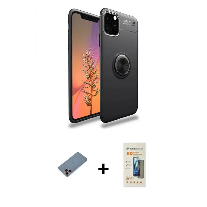 ieg™ iPhone 11 Pro Max Kılıf Yankı Form Prime - Siyah 6D Mat Seramik Hayalet Nano Ekran Koruyucu + Shine Kamera Lens Koruma Cam - PE
