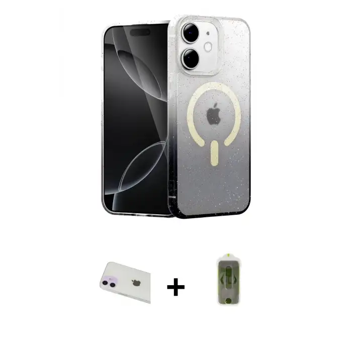 ieg™ iPhone 12 Kılıf Eksen Minimal Özel Seri - Siyah Joko Magic 5D Hayalet Cam + Rainbow Kamera Lens Koruma Cam - MR