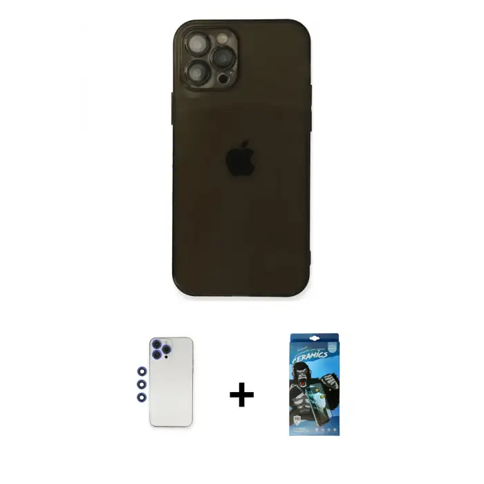ieg™ iPhone 12 Pro Max Kılıf Ahenk Doku - Siyah 34D Izgaralı Cam + Shine Kamera Lens - LT