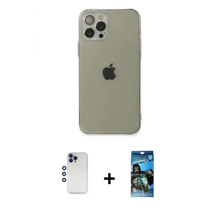 ieg™ iPhone 12 Pro Max Kılıf Ahenk Doku - Siyah 34D Izgaralı Cam + Shine Kamera Lens - LT