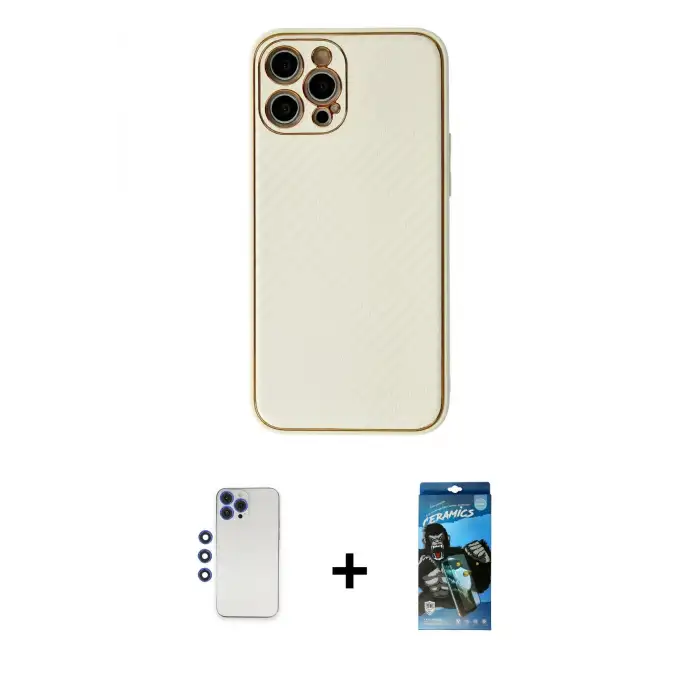 ieg™ iPhone 12 Pro Max Kılıf Ahenk Işık - Siyah 34D Izgaralı Cam + Shine Kamera Lens - LT