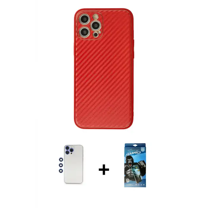 ieg™ iPhone 12 Pro Max Kılıf Ahenk Işık - Siyah 34D Izgaralı Cam + Shine Kamera Lens - LT