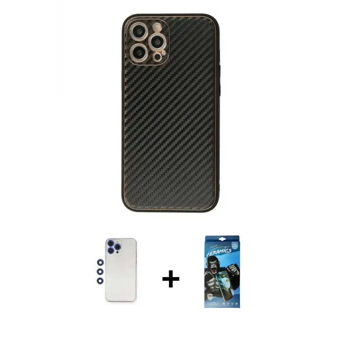 ieg™ iPhone 12 Pro Max Kılıf Ahenk Işık - Siyah 34D Izgaralı Cam + Shine Kamera Lens - LT