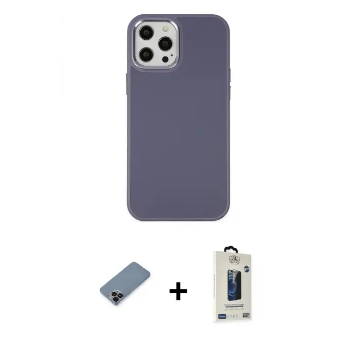 ieg™ iPhone 12 Pro Max Kılıf Çekirdek Çizgi - Siyah Bilvis Hayalet Cam Ekran Koruyucu + Metal Kamera Lens Koruma Cam - SH