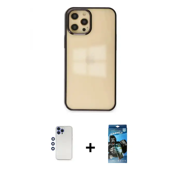 ieg™ iPhone 12 Pro Max Kılıf Doruk Doku Prime - Siyah 34D Izgaralı Cam + Shine Kamera Lens - LT