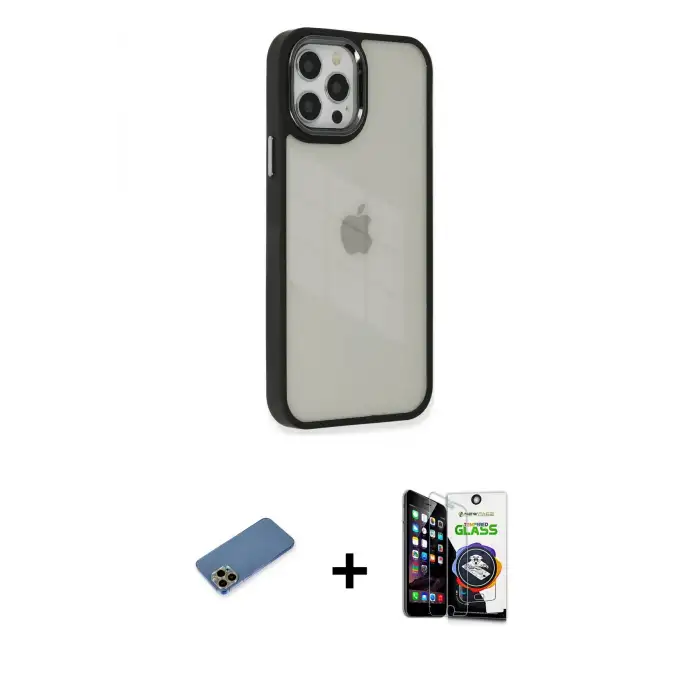 ieg™ iPhone 12 Pro Max Kılıf Eksen Doku Prime - Şeffaf Temperli Cam Ekran Koruyucu + Shine Kamera Lens Koruma Cam - GD