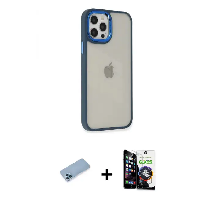 ieg™ iPhone 12 Pro Max Kılıf Eksen Doku Prime - Şeffaf Temperli Cam Ekran Koruyucu + Shine Kamera Lens Koruma Cam - MI