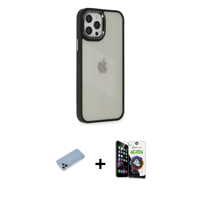 ieg™ iPhone 12 Pro Max Kılıf Eksen Doku Prime - Şeffaf Temperli Cam Ekran Koruyucu + Shine Kamera Lens Koruma Cam - MI