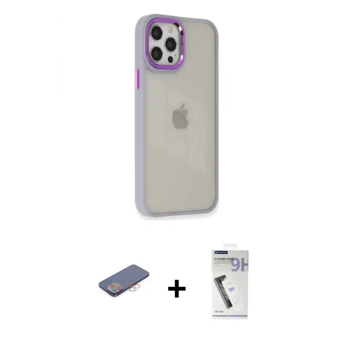 ieg™ iPhone 12 Pro Max Kılıf Eksen Doku Prime - Şeffaf Uv Polymer Nano Ekran Koruyucu + Renkli Kamera Lens Koruma Cam - PE