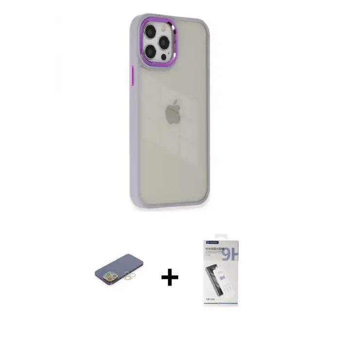ieg™ iPhone 12 Pro Max Kılıf Eksen Doku Prime - Şeffaf Uv Polymer Nano Ekran Koruyucu + Renkli Kamera Lens Koruma Cam - SI