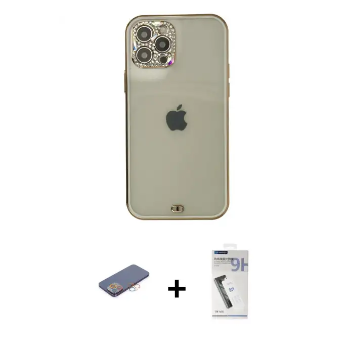 ieg™ iPhone 12 Pro Max Kılıf Eksen Minimal Koleksiyonu - Şeffaf Uv Polymer Nano Ekran Koruyucu + Renkli Kamera Lens Koruma Cam - PE