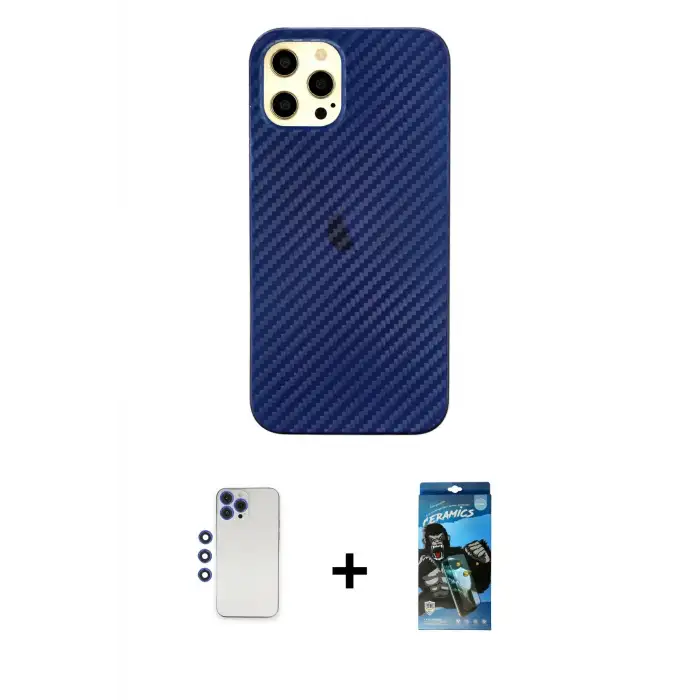 ieg™ iPhone 12 Pro Max Kılıf Nova Çizgi - Siyah 34D Izgaralı Cam + Shine Kamera Lens - LT