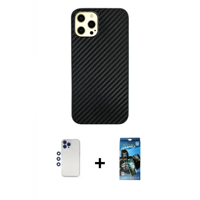 ieg™ iPhone 12 Pro Max Kılıf Nova Çizgi - Siyah 34D Izgaralı Cam + Shine Kamera Lens - LT