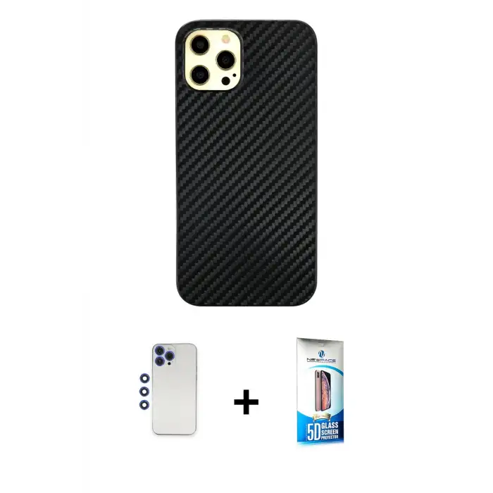 ieg™ iPhone 12 Pro Max Kılıf Nova Çizgi - Siyah 5D Eko Cam Ekran Koruyucu + Shine Kamera Lens - LT