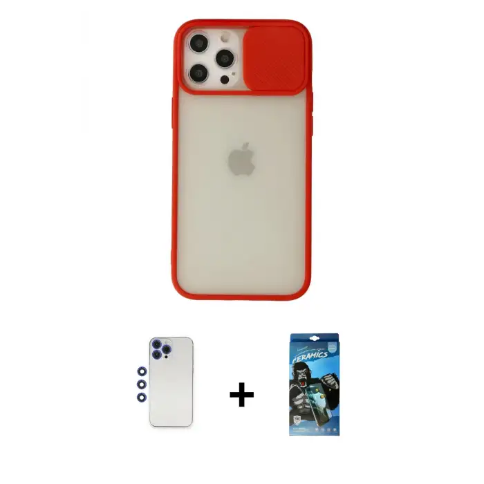 ieg™ iPhone 12 Pro Max Kılıf Vadi Çizgi - Siyah 34D Izgaralı Cam + Shine Kamera Lens - LT