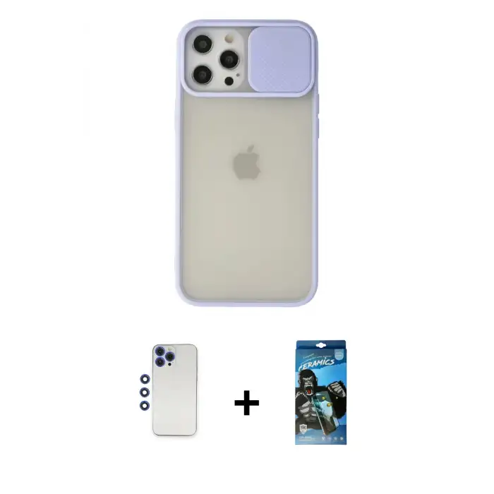 ieg™ iPhone 12 Pro Max Kılıf Vadi Çizgi - Siyah 34D Izgaralı Cam + Shine Kamera Lens - LT