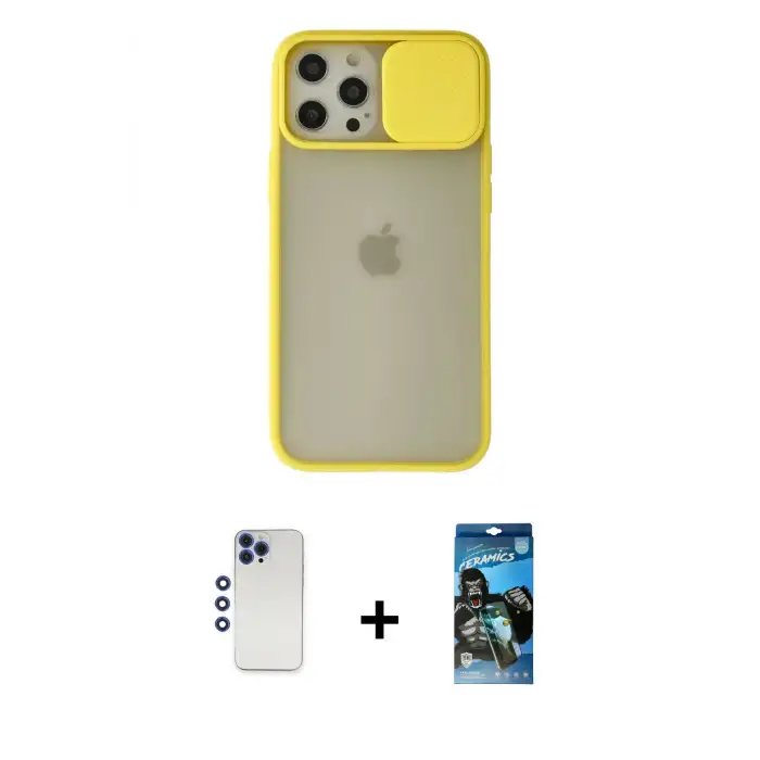 ieg™ iPhone 12 Pro Max Kılıf Vadi Çizgi - Siyah 34D Izgaralı Cam + Shine Kamera Lens - LT