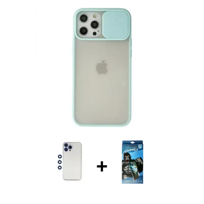 ieg™ iPhone 12 Pro Max Kılıf Vadi Çizgi - Siyah 34D Izgaralı Cam + Shine Kamera Lens - LT