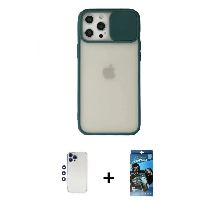 ieg™ iPhone 12 Pro Max Kılıf Vadi Çizgi - Siyah 34D Izgaralı Cam + Shine Kamera Lens - LT