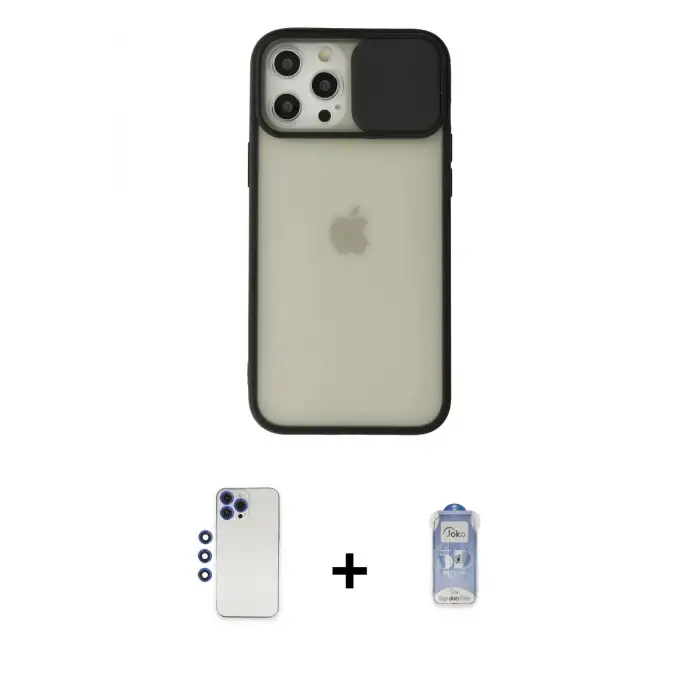 ieg™ iPhone 12 Pro Max Kılıf Vadi Çizgi - Siyah Joko Magic 5D Cam + Shine Kamera Lens - LT