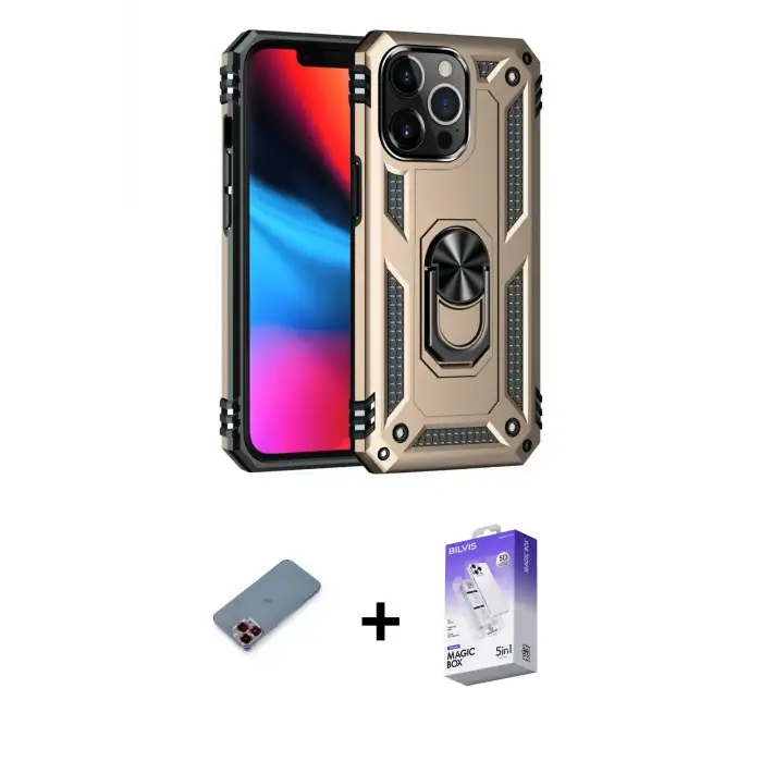 ieg™ iPhone 13 Pro Max Kılıf Ahenk Klasik Koleksiyonu - Siyah Bilvis 5in1 3D Magic Cam Ekran Koruyucu + Metal Kamera Lens Koruma Cam - KI