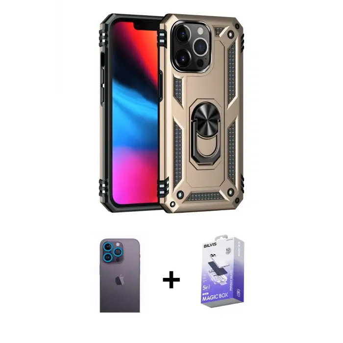 ieg™ iPhone 13 Pro Max Kılıf Ahenk Klasik Koleksiyonu - Siyah Bilvis 5in1 5D Magic Hayalet Cam Ekran Koruyucu + Neon Fosforlu Kamera Lens - MI