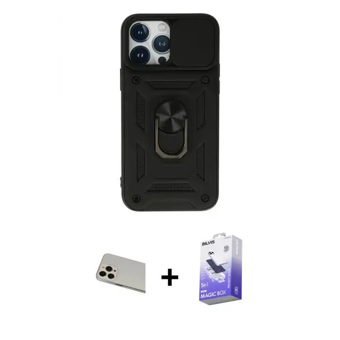 ieg™ iPhone 13 Pro Max Kılıf Ahenk Klasik - Siyah Bilvis 5in1 5D Magic Hayalet Cam Ekran Koruyucu + Rainbow Kamera Lens Koruma Cam - REGD