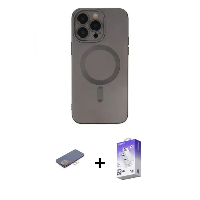 ieg™ iPhone 13 Pro Max Kılıf Akış Minimal Özel Seri - Siyah Bilvis 5in1 3D Magic Cam Ekran Koruyucu + Renkli Kamera Lens Koruma Cam - PE