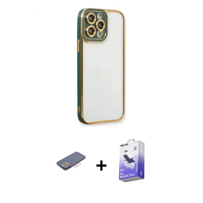 ieg™ iPhone 13 Pro Max Kılıf Çekirdek Klasik Serisi - Siyah Bilvis 5in1 5D Magic Hayalet Cam Ekran Koruyucu + Renkli Kamera Lens Koruma Cam - PE