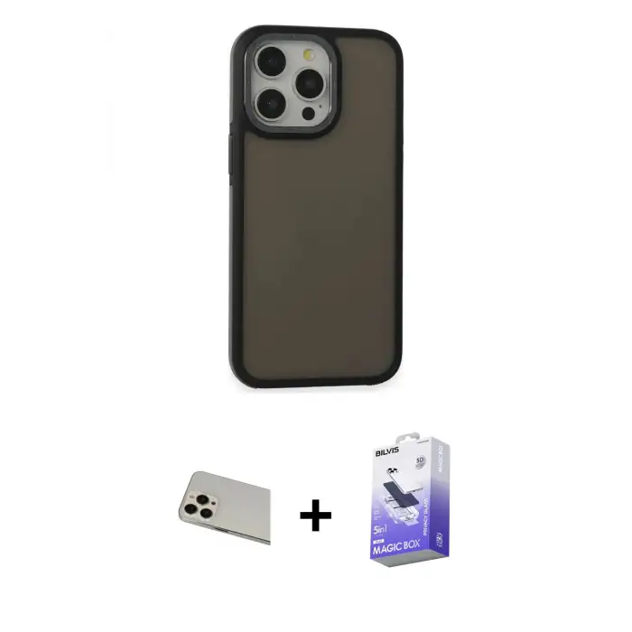 ieg™ iPhone 13 Pro Max Kılıf Eksen Işık - Siyah Bilvis 5in1 5D Magic Hayalet Cam Ekran Koruyucu + Rainbow Kamera Lens Koruma Cam - REGD