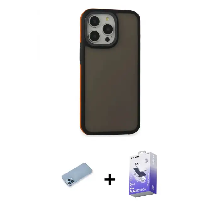 ieg™ iPhone 13 Pro Max Kılıf Eksen Işık - Siyah Bilvis 5in1 5D Magic Hayalet Cam Ekran Koruyucu + Shine Kamera Lens Koruma Cam - MI