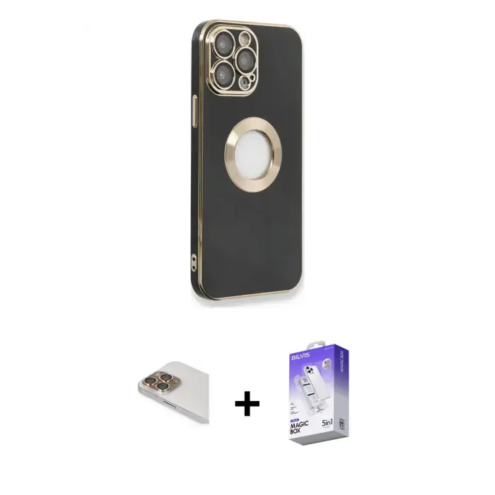 ieg™ iPhone 13 Pro Max Kılıf İz Form Serisi - Siyah Bilvis 5in1 3D Magic Cam Ekran Koruyucu + Pers Alüminyum Kamera Lens - GD