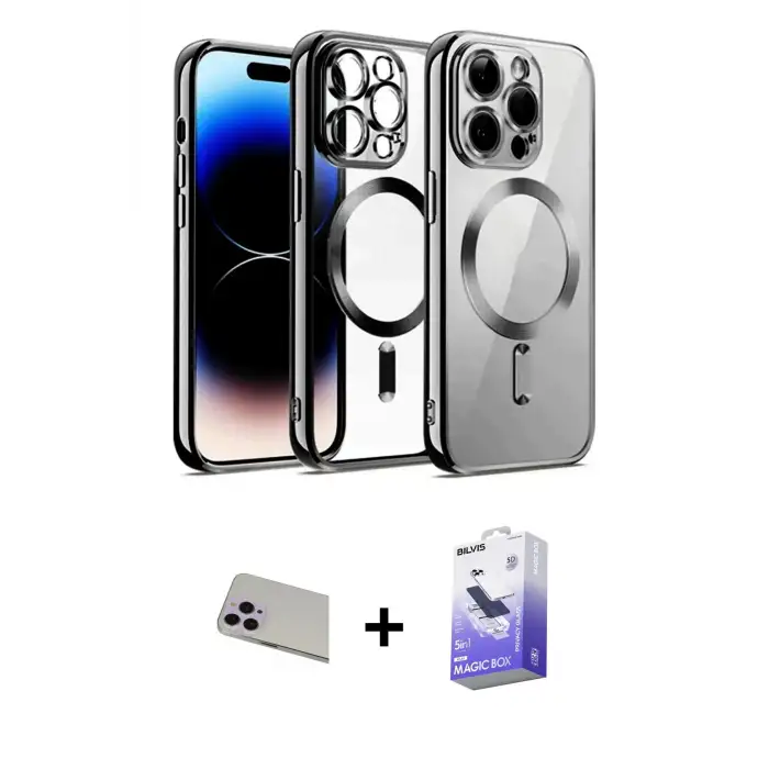 ieg™ iPhone 13 Pro Max Kılıf Nova Işık Özel Seri - Siyah Bilvis 5in1 5D Magic Hayalet Cam Ekran Koruyucu + Rainbow Kamera Lens Koruma Cam - MR