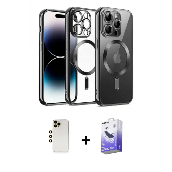 ieg™ iPhone 13 Pro Max Kılıf Nova Işık Özel Seri - Siyah Bilvis 5in1 5D Magic Hayalet Cam Ekran Koruyucu + Shine Kamera Lens - GD