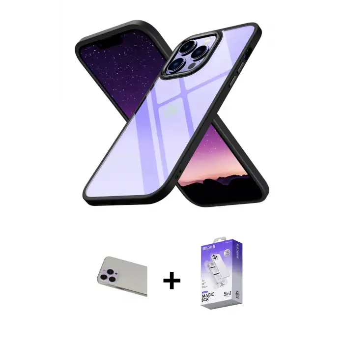 ieg™ iPhone 13 Pro Max Kılıf Nova Işık Serisi - Siyah Bilvis 5in1 3D Magic Cam Ekran Koruyucu + Rainbow Kamera Lens Koruma Cam - MR