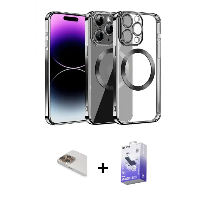 ieg™ iPhone 13 Pro Max Kılıf Pusula Form - Siyah Bilvis 5in1 5D Magic Hayalet Cam Ekran Koruyucu + Pers Alüminyum Kamera Lens - GD