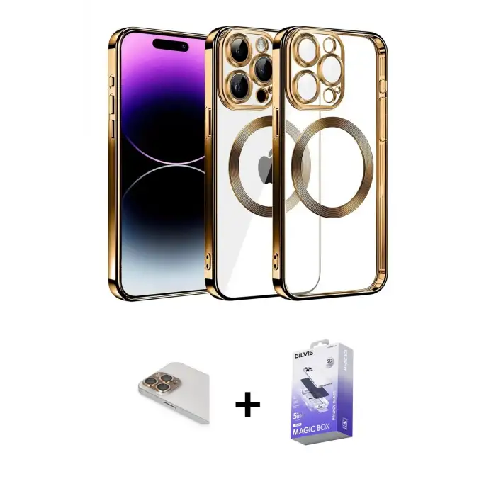 ieg™ iPhone 13 Pro Max Kılıf Pusula Form - Siyah Bilvis 5in1 5D Magic Hayalet Cam Ekran Koruyucu + Pers Alüminyum Kamera Lens - GD