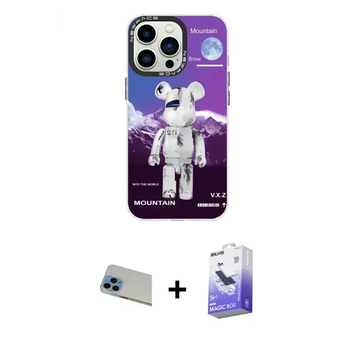 ieg™ iPhone 13 Pro Max Kılıf Siluet Çizgi Koleksiyonu - Siyah Bilvis 5in1 5D Magic Hayalet Cam Ekran Koruyucu + Rainbow Kamera Lens Koruma Cam - MI