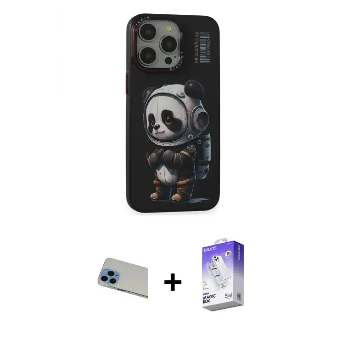 ieg™ iPhone 13 Pro Max Kılıf Siluet Modern Özel Seri - Siyah Bilvis 5in1 3D Magic Cam Ekran Koruyucu + Rainbow Kamera Lens Koruma Cam - MI