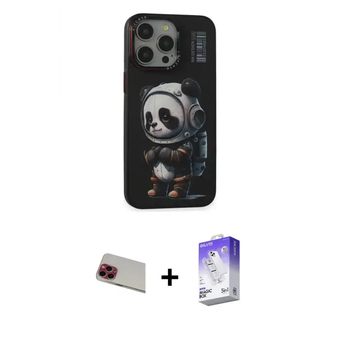 ieg™ iPhone 13 Pro Max Kılıf Siluet Modern Özel Seri - Siyah Bilvis 5in1 3D Magic Cam Ekran Koruyucu + Rainbow Kamera Lens Koruma Cam - KI
